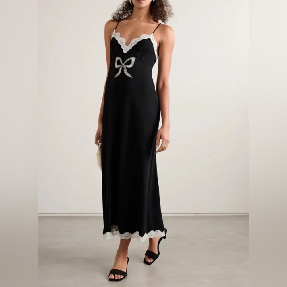 LoveShackFancy Black Midi Slip Dress with White Lace Bow and Trim - Picture 2 of 7